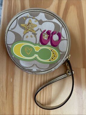 Coach Round Signature Canvas Wristlet with Gold Trim and Multicolor Appliqués